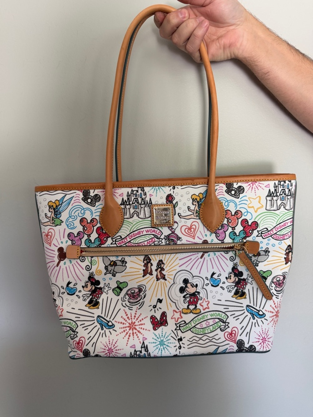 Dooney & Bourke White Multi-Color Disney Print Tote with Tan Trim